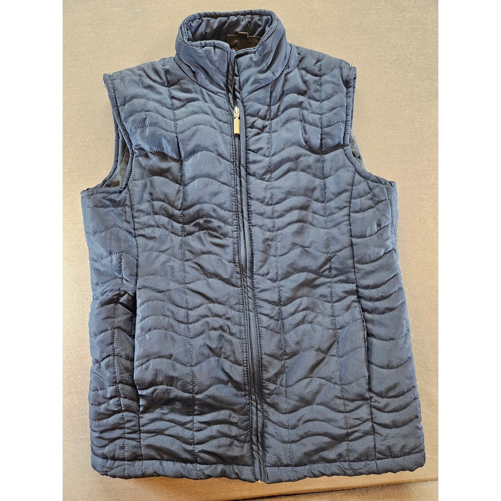 Jane Ashley Navy Blue Quilted Vest Womens PM Petite Medium Full Zip Wavy Stitch